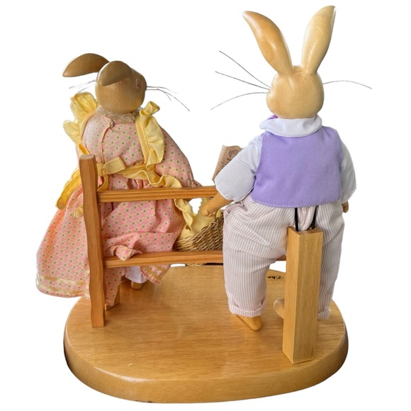 Raikes Originals THE HOPKINS Wood Carved Rabbit Couple w/ Fenced Stand Figures - Picture 2 of 13